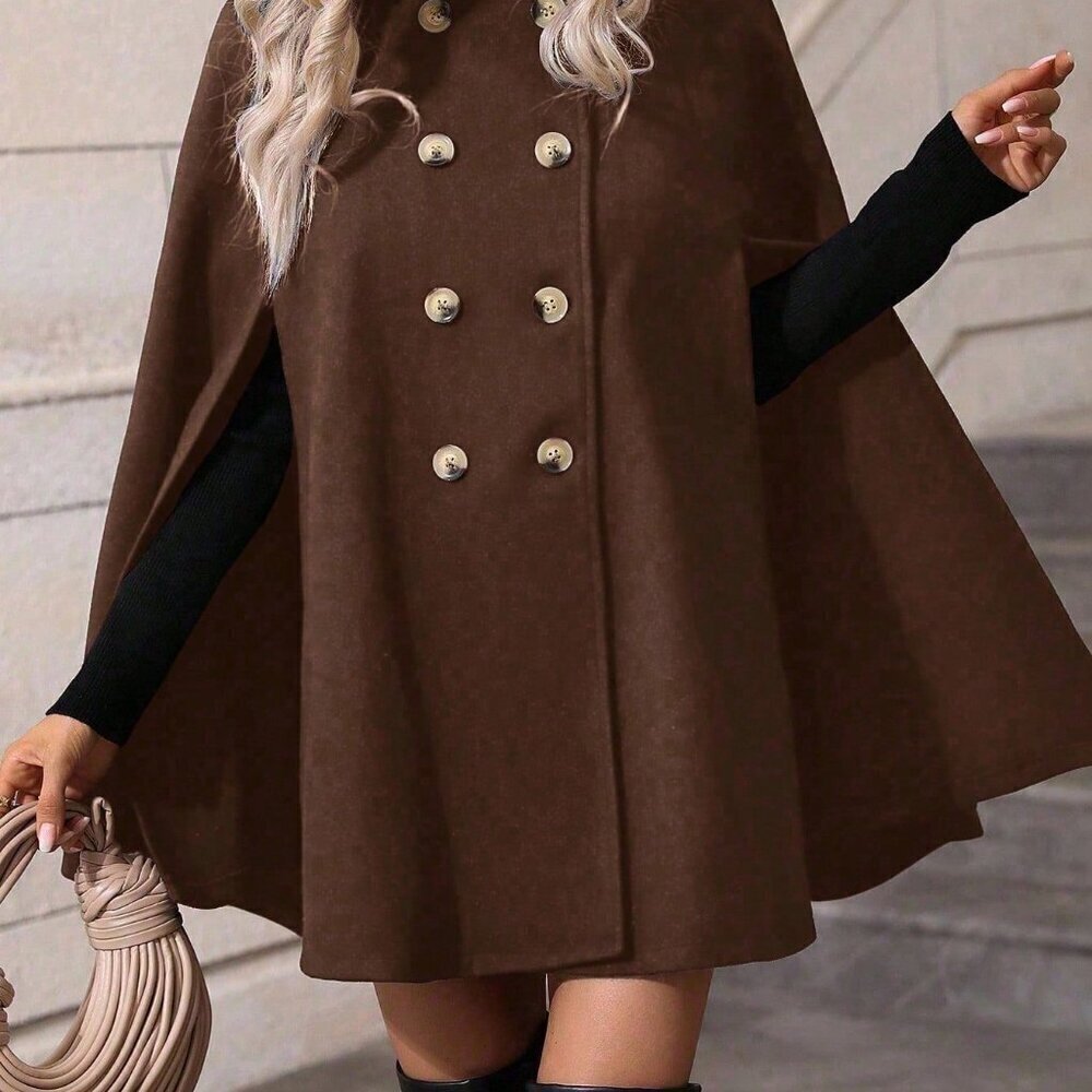Coffee Brown Elegant Women's Minimalist Poncho Overcoat - Picture 2 of 7
